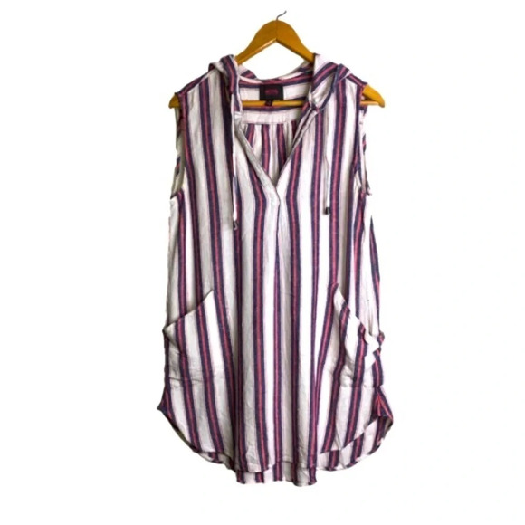 For Cynthia Coverup M Striped Blue/Red/White Pockets Hooded  Boho Hippy - Picture 1 of 10
